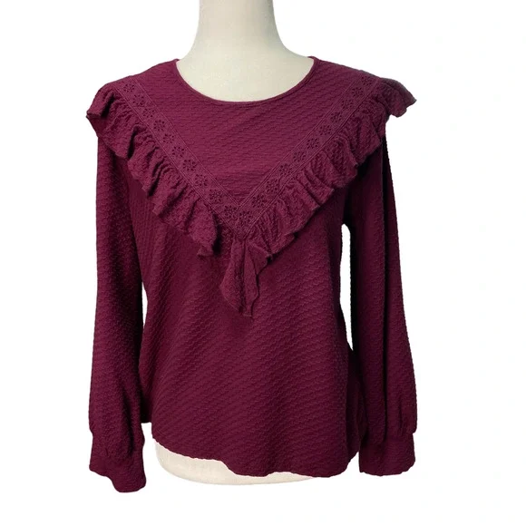 J.Crew Womens Sz Small Round Neck Ruffle Trim Honeycomb Top Long Sleeve - Picture 1 of 5